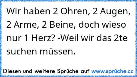 Wir haben 2 Ohren, 2 Augen, 2 Arme, 2 Beine, doch wieso nur 1 Herz? -Weil wir das 2te suchen müssen.♥