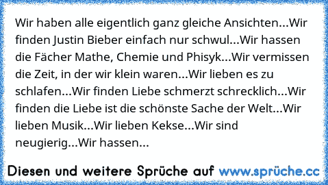 Wir haben alle eigentlich ganz gleiche Ansichten...
Wir finden Justin Bieber einfach nur schwul...
Wir hassen die Fächer Mathe, Chemie und Phisyk...
Wir vermissen die Zeit, in der wir klein waren...
Wir lieben es zu schlafen...
Wir finden Liebe schmerzt schrecklich...
Wir finden die Liebe ist die schönste Sache der Welt...
Wir lieben Musik...
Wir lieben Kekse...
Wir sind neugierig...
Wir hassen...