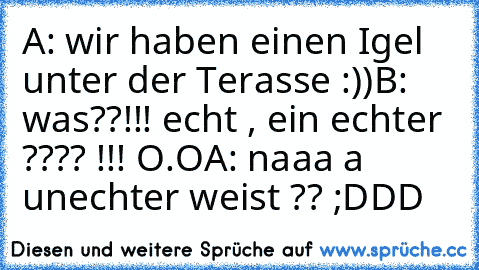 A: wir haben einen Igel unter der Terasse :))
B: was??!!! echt , ein echter ???? !!! O.O
A: naaa a unechter weist ?? ;DDD