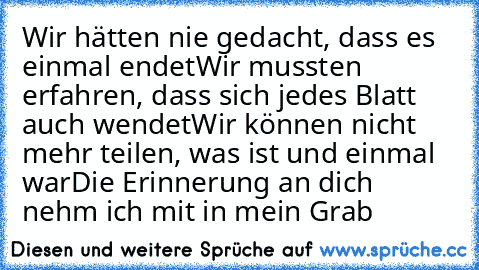 Wir hätten nie gedacht, dass es einmal endet
Wir mussten erfahren, dass sich jedes Blatt auch wendet
Wir können nicht mehr teilen, was ist und einmal war
Die Erinnerung an dich nehm’ ich mit in mein Grab