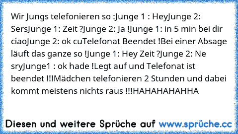 Wir Jungs telefonieren so :
Junge 1 : Hey
Junge 2: Sers
Junge 1: Zeit ?
Junge 2: Ja !
Junge 1: in 5 min bei dir ciao
Junge 2: ok cu
Telefonat Beendet !
Bei einer Absage läuft das ganze so !
Junge 1: Hey Zeit ?
Junge 2: Ne sry
Junge1 : ok hade !
Legt auf und Telefonat ist beendet !!!
Mädchen telefonieren 2 Stunden und dabei kommt meistens nichts raus !!!
HAHAHAHAHHA