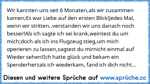 Wir kannten uns seit 6 Monaten,
als wir zusammen kamen;
Es war Liebe auf den ersten Blick!
Jedes Mal, wenn wir stritten..
verstanden wir uns danach noch besser!
Als ich sagte ich sei krank,
weintest du um mich;
doch als ich ins Flugzeug stieg,
um mich operieren zu lassen,
sagtest du mir
nicht einmal auf Wieder sehen!
Ich hatte glück und bekam ein Spenderherz
als ich wiederkam, fand ich dich nic...