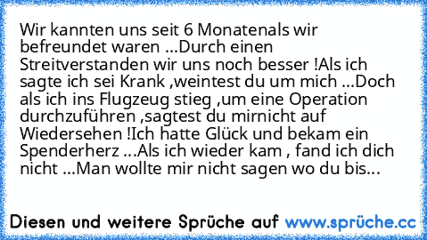 Wir kannten uns seit 6 Monaten
als wir befreundet waren ...
Durch einen Streit
verstanden wir uns noch besser !
Als ich sagte ich sei Krank ,
weintest du um mich ...
Doch als ich ins Flugzeug stieg ,
um eine Operation durchzuführen ,
sagtest du mir
nicht auf Wiedersehen !
Ich hatte Glück und bekam ein Spenderherz ...
Als ich wieder kam , fand ich dich nicht ...
Man wollte mir nicht sagen wo du ...