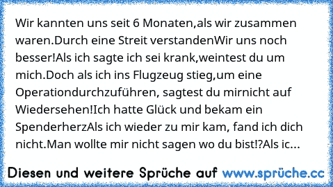 Wir kannten uns seit 6 Monaten,
als wir zusammen waren.
Durch eine Streit verstanden
Wir uns noch besser!
Als ich sagte ich sei krank,
weintest du um mich.
Doch als ich ins Flugzeug stieg,
um eine Operation
durchzuführen, sagtest du mir
nicht auf Wiedersehen!
Ich hatte Glück und bekam ein Spenderherz…
Als ich wieder zu mir kam, fand ich dich nicht.
Man wollte mir nicht sagen wo du bist!?
Als ic...