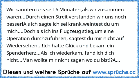 Wir kannten uns seit 6 Monaten,
als wir zusammen waren...
Durch einen Streit verstanden wir uns noch besser!
Als ich sagte ich sei krank,
weintest du um mich....
Doch als ich ins Flugzeug stieg,
um eine Operation durchzuführen, sagtest du mir nicht auf Wiedersehen...!
Ich hatte Glück und bekam ein Spenderherz...
Als ich wiederkam, fand ich dich nicht...
Man wollte mir nicht sagen wo du bist!?
A...