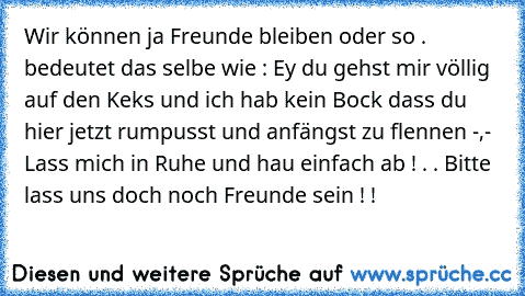 Wir können ja Freunde bleiben oder so . bedeutet das selbe wie : Ey du gehst mir völlig auf den Keks und ich hab kein Bock dass du hier jetzt rumpusst und anfängst zu flennen -,- Lass mich in Ruhe und hau einfach ab ! . . Bitte lass uns doch noch Freunde sein ! !