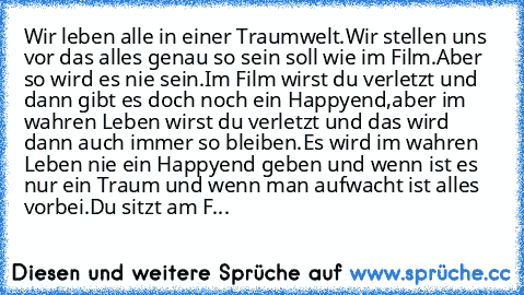 Wir leben alle in einer Traumwelt.
Wir stellen uns vor das alles genau so sein soll wie im Film.
Aber so wird es nie sein.
Im Film wirst du verletzt und dann gibt es doch noch ein Happyend,
aber im wahren Leben wirst du verletzt und das wird dann auch immer so bleiben.
Es wird im wahren Leben nie ein Happyend geben und wenn ist es nur ein Traum und wenn man aufwacht ist alles vorbei.
Du sitzt a...