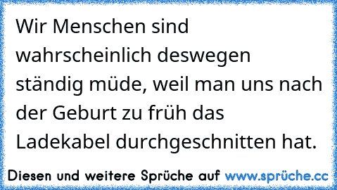 Wir Menschen sind wahrscheinlich deswegen ständig müde, weil man uns nach der Geburt zu früh das Ladekabel durchgeschnitten hat.