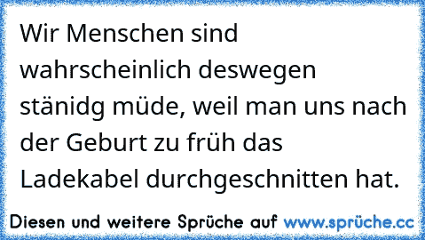 Wir Menschen sind wahrscheinlich deswegen stänidg müde, weil man uns nach der Geburt zu früh das Ladekabel durchgeschnitten hat.