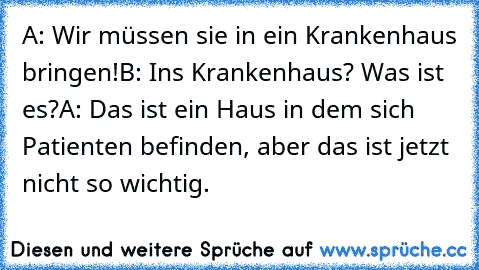 A: Wir müssen sie in ein Krankenhaus bringen!
B: Ins Krankenhaus? Was ist es?
A: Das ist ein Haus in dem sich Patienten befinden, aber das ist jetzt nicht so wichtig.