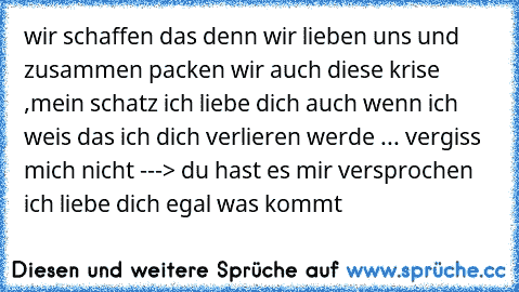 wir schaffen das denn wir lieben uns und zusammen packen wir auch diese krise ,mein schatz ich liebe dich auch wenn ich weis das ich dich verlieren werde ... vergiss mich nicht ---> du hast es mir versprochen ♥ ich liebe dich egal was kommt