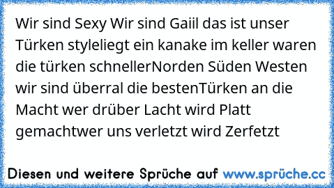 Wir sind Sexy Wir sind Gaiil das ist unser Türken style
liegt ein kanake im keller waren die türken schneller
Norden Süden Westen wir sind überral die besten
Türken an die Macht wer drüber Lacht wird﻿ Platt gemacht
wer uns verletzt wird Zerfetzt