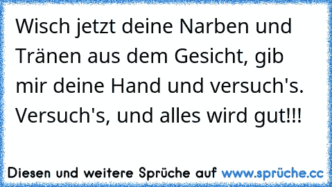 Wisch jetzt deine Narben und Tränen aus dem Gesicht, gib mir deine Hand und versuch's. Versuch's, und alles wird gut!!!