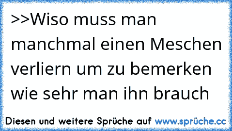 >>Wiso muss man manchmal einen Meschen verliern um zu bemerken wie sehr man ihn brauch 