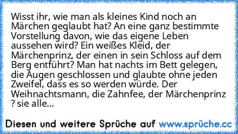 Wisst ihr, wie man als kleines Kind noch an Märchen geglaubt hat? An eine ganz bestimmte Vorstellung davon, wie das eigene Leben aussehen wird? Ein weißes Kleid, der Märchenprinz, der einen in sein Schloss auf dem Berg entführt? Man hat nachts im Bett gelegen, die Augen geschlossen und glaubte ohne jeden Zweifel, dass es so werden würde. Der Weihnachtsmann, die Zahnfee, der Märchenprinz ? sie a...