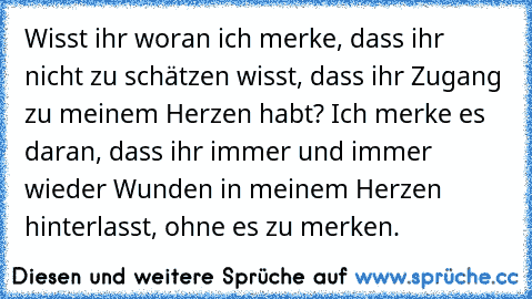 Wisst ihr woran ich merke, dass ihr nicht zu schätzen wisst, dass ihr Zugang zu meinem Herzen habt? Ich merke es daran, dass ihr immer und immer wieder Wunden in meinem Herzen hinterlasst, ohne es zu merken.