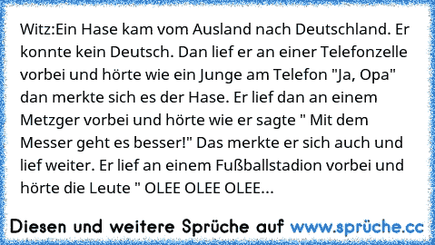 Witz:
Ein Hase kam vom Ausland nach Deutschland. Er konnte kein Deutsch. Dan lief er an einer Telefonzelle vorbei und hörte wie ein Junge am Telefon "Ja, Opa" dan merkte sich es der Hase. Er lief dan an einem Metzger vorbei und hörte wie er sagte " Mit dem Messer geht es besser!" Das merkte er sich auch und lief weiter. Er lief an einem Fußballstadion vorbei und hörte die Leute " OLEE OLEE OLEE...