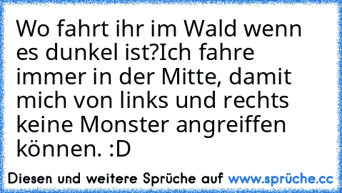 Wo fahrt ihr im Wald wenn es dunkel ist?
Ich fahre immer in der Mitte, damit mich von links und rechts keine Monster angreiffen können. :D