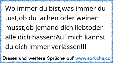 Wo immer du bist,
was immer du tust,
ob du lachen oder weinen musst,
ob jemand dich liebt
oder alle dich hassen:
♥Auf mich kannst du dich immer verlassen♥!!!