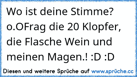 Wo ist deine Stimme? o.O
Frag die 20 Klopfer, die Flasche Wein und meinen Magen.! :D :D