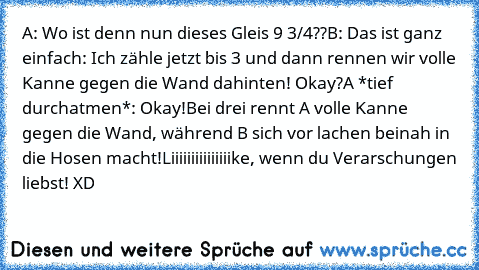 A: Wo ist denn nun dieses Gleis 9 3/4??
B: Das ist ganz einfach: Ich zähle jetzt bis 3 und dann rennen wir volle Kanne gegen die Wand dahinten! Okay?
A *tief durchatmen*: Okay!
Bei drei rennt A volle Kanne gegen die Wand, während B sich vor lachen beinah in die Hosen macht!
Liiiiiiiiiiiiiiike, wenn du Verarschungen liebst! XD