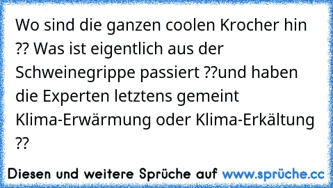 Wo sind die ganzen coolen Krocher hin ?? Was ist eigentlich aus der Schweinegrippe passiert ??
und haben die Experten letztens gemeint Klima-Erwärmung oder Klima-Erkältung ??