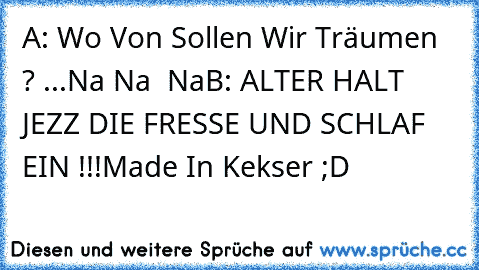 A: Wo Von Sollen Wir Träumen ? ...Na Na  Na
B: ALTER HALT JEZZ DIE FRESSE UND SCHLAF EIN !!!
Made In Kekser ;D