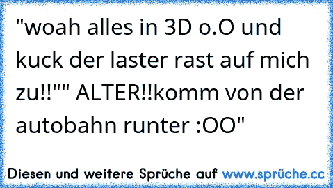 "woah alles in 3D o.O und kuck der laster rast auf mich zu!!"
" ALTER!!komm von der autobahn runter :OO"