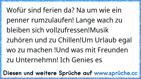 Wofür sind ferien da? Na um wie ein penner rumzulaufen! Lange wach zu bleiben sich vollzufressen!Musik zuhören und zu Chillen!Um Urlaub egal wo zu machen !Und was mit Freunden zu Unternehmn! Ich Genies es