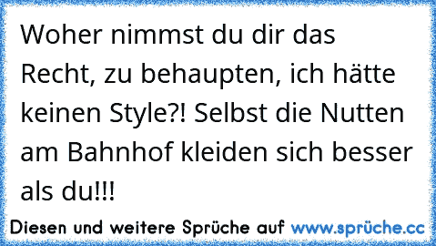 Woher nimmst du dir das Recht, zu behaupten, ich hätte keinen Style?! Selbst die Nutten am Bahnhof kleiden sich besser als du!!!