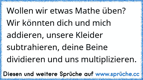 Wollen wir etwas Mathe üben? Wir könnten dich und mich addieren, unsere Kleider subtrahieren, deine Beine dividieren und uns multiplizieren.