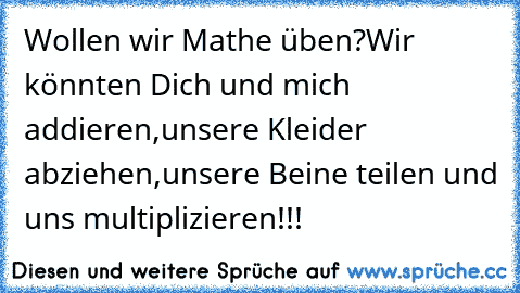 Wollen wir Mathe üben?
Wir könnten Dich und mich addieren,
unsere Kleider abziehen,
unsere Beine teilen und uns multiplizieren!!!