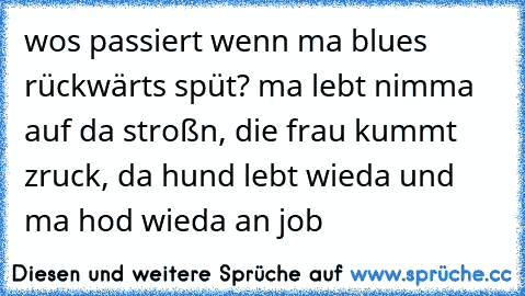 wos passiert wenn ma blues rückwärts spüt? ma lebt nimma auf da stroßn, die frau kummt zruck, da hund lebt wieda und ma hod wieda an job