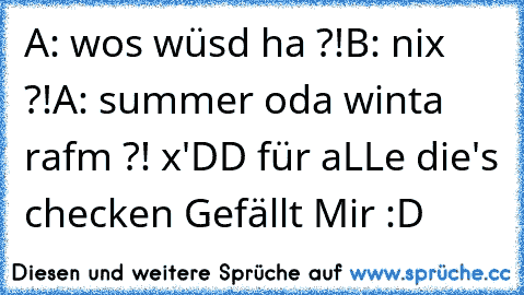 A: wos wüsd ha ?!
B: nix ?!
A: summer oda winta rafm ?!
 x'DD für aLLe die's checken Gefällt Mir :D 