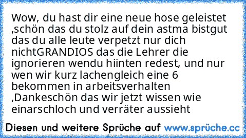 Wow, du hast dir eine neue hose geleistet ,
schön das du stolz auf dein astma bist
gut das du alle leute verpetzt nur dich nicht
GRANDIOS das die Lehrer die ignorieren wen
du hiinten redest, und nur wen wir kurz lachen
gleich eine 6 bekommen in arbeitsverhalten ,
Dankeschön das wir jetzt wissen wie ein
arschloch und verräter aussieht 