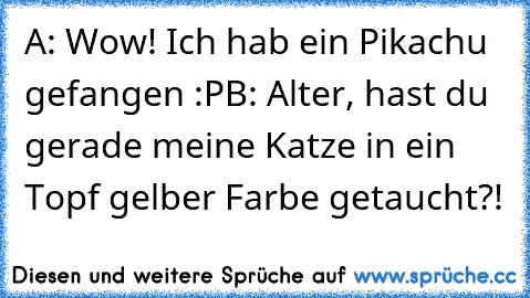 A: Wow! Ich hab ein Pikachu gefangen :P
B: Alter, hast du gerade meine Katze in ein Topf gelber Farbe getaucht?!