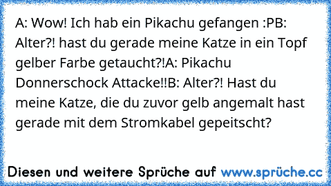 A: Wow! Ich hab ein Pikachu gefangen :P
B: Alter?! hast du gerade meine Katze in ein Topf gelber Farbe getaucht?!
A: Pikachu Donnerschock Attacke!!
B: Alter?! Hast du meine Katze, die du zuvor gelb angemalt hast gerade mit dem Stromkabel gepeitscht?