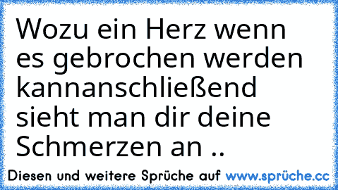 Wozu ein Herz wenn es gebrochen werden kann
anschließend sieht man dir deine Schmerzen an ..