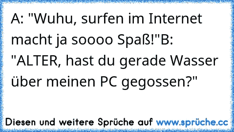 A: "Wuhu, surfen im Internet macht ja soooo Spaß!"
B: "ALTER, hast du gerade Wasser über meinen PC gegossen?"