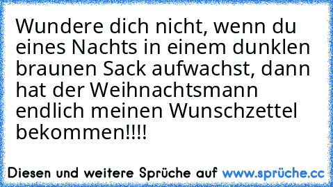 Wundere dich nicht, wenn du eines Nachts in einem dunklen braunen Sack aufwachst, dann hat der Weihnachtsmann endlich meinen Wunschzettel bekommen!!!!