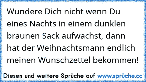 Wundere Dich nicht wenn Du eines Nachts in einem dunklen braunen Sack aufwachst, dann hat der Weihnachtsmann endlich meinen Wunschzettel bekommen!