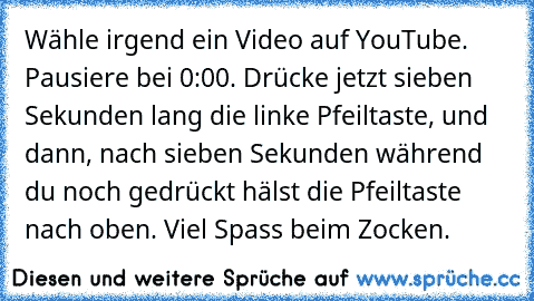 Wähle irgend ein Video auf YouTube. Pausiere bei 0:00. Drücke jetzt sieben Sekunden lang die linke Pfeiltaste, und dann, nach sieben Sekunden während du noch gedrückt hälst die Pfeiltaste nach oben. Viel Spass beim Zocken.