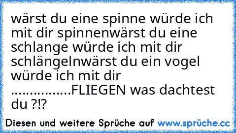 wärst du eine spinne würde ich mit dir spinnen
wärst du eine schlange würde ich mit dir schlängeln
wärst du ein vogel würde ich mit dir ................
FLIEGEN was dachtest du ?!?