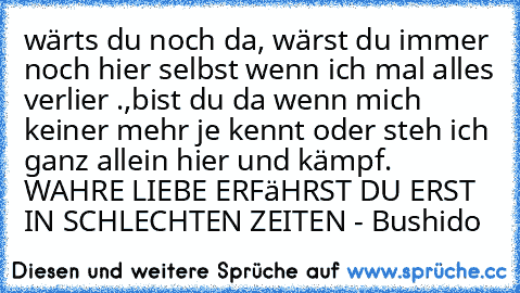 wärts du noch da, wärst du immer noch hier selbst wenn ich mal alles verlier .,bist du da wenn mich keiner mehr je kennt oder steh ich ganz allein hier und kämpf. WAHRE LIEBE ERFäHRST DU ERST IN SCHLECHTEN ZEITEN - Bushido ♥