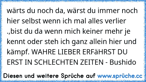 wärts du noch da, wärst du immer noch hier selbst wenn ich mal alles verlier .,bist du da wenn mich keiner mehr je kennt oder steh ich ganz allein hier und kämpf. WAHRE LIEBER ERFäHRST DU ERST IN SCHLECHTEN ZEITEN - Bushido ♥