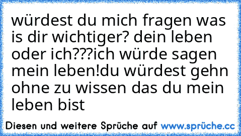 würdest du mich fragen was is dir wichtiger? dein leben oder ich???
ich würde sagen mein leben!
du würdest gehn ohne zu wissen das du mein leben bist