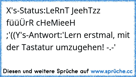 X's-Status:
LeRnT JeehTzz füüÜrR cHeMieeH ;'((
Y's-Antwort:
'Lern erstmal, mit der Tastatur umzugehen! -.-'