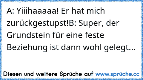 A: Yiiihaaaaa! Er hat mich zurückgestupst!
B: Super, der Grundstein für eine feste Beziehung ist dann wohl gelegt...