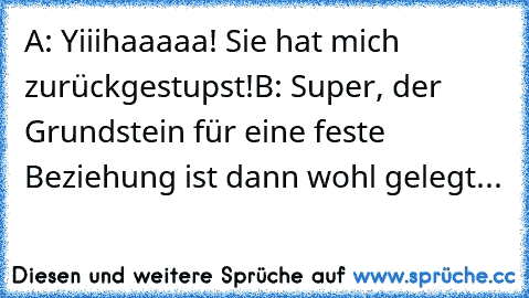 A: Yiiihaaaaa! Sie hat mich zurückgestupst!
B: Super, der Grundstein für eine feste Beziehung ist dann wohl gelegt...