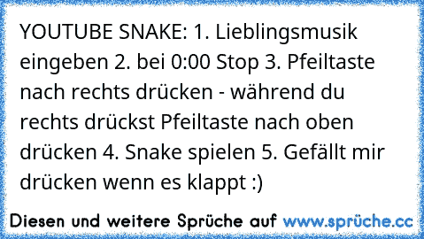 YOUTUBE SNAKE: 1. Lieblingsmusik eingeben 2. bei 0:00 Stop 3. Pfeiltaste nach rechts drücken - während du rechts drückst Pfeiltaste nach oben drücken 4. Snake spielen 5. Gefällt mir drücken wenn es klappt :)